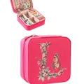 Compact pink jewelry storage box featuring floral letter L and butterfly embroidery - Letter L Floral Butterfly Style / 9.5cm x 9.5cm x 5cm / Rose Red