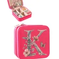 Compact pink jewelry organizer box featuring a floral letter K print and zipper closure. - Letter K Floral Butterfly Style / 9.5cm x 9.5cm x 5cm / Rose Red