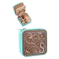 Cyan Western floral embossed PU leather jewelry storage box with interior mirror - 9.5x9.5x5cm / Tiffany Blue Embossed (Letter S)