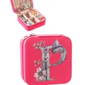 Portable pink jewelry box featuring a floral 'P' letter design and secure zipper - Letter P Floral Butterfly Style / 9.5cm x 9.5cm x 5cm / Rose Red