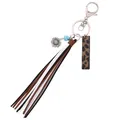 Western style leopard print leather tassel keychain featuring a sunflower charm and blue bead - Letter I / Leopard Print