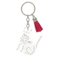 Detailed view of transparent acrylic cat keychain with floral print and pink tassel. - Rose Pink Tassel Style