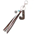 Western leopard leather letter J keychain with tricolor tassel and sunflower charm - Letter J / Leopard Print