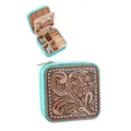 Turquoise faux leather jewelry organizer box with embossed floral pattern and L letter - Letter L Floral Style / Teal Blue