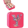 Portable pink zipper jewelry box with letter 'Y' butterfly design and storage space - 9.5cm x 9.5cm x 5cm / Bright Pink Letter Y Floral Butterfly Style