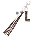Western style leopard print letter L keychain with tri-color leather tassels and charms. - Letter L / Leopard Print