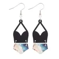 Bohemian geometric cork earrings with blue beach print in a modern multi-layer design. - Blue and White Beach Style (11905)