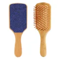 Detailed view of a vintage style bamboo hairbrush featuring an embossed blue floral leather back. - Dark Blue Floral Relief Style (41316)