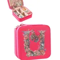 Elegant pink portable initial jewelry box featuring a floral letter U design and zipper closure - 9.5cm x 9.5cm x 5cm / Hot Pink Letter U Floral Butterfly Style