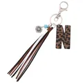 Leopard print leather letter N keychain with boho tassel and sunflower charm - Letter N / Leopard Print
