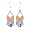 Handmade Bohemian geometric cork drop earrings with a cute summer cat print motif. - Sunglasses Cat at Beach (11904)