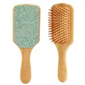 Detailed view of bamboo hairbrush with embossed green leather western floral pattern - Green Floral Relief Style (41320)