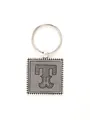 Ornate silver-tone square keychain featuring an embossed letter T on grey leather - 20735