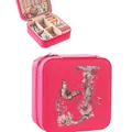 Portable pink jewelry box with secure zipper closure and floral alphabet letter J print - 9.5cm x 9.5cm x 5cm / Pink Letter J Floral Butterfly Style