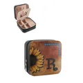 Vintage Western PU leather jewelry box with sunflower and initial R print design - Sunflower Zipper Style Letter R (41398) / 9.5x9.5x5cm / Black
