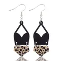Bohemian multi-layer geometric earrings with leopard print cork and black faux leather - Black and Leopard Patchwork (11899)