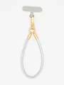 Detail view of a silver PU leather phone lanyard featuring premium gold metal hardware - Silver