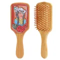 Detailed view of bamboo hairbrush with vintage Western cowgirl leather decoration - Cowgirl and Red Rose Style (41420)