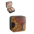 Vintage western PU leather jewelry box with sunflower and letter I design, compact size - Sunflower Zipper Style Letter I (41389) / 9.5x9.5x5cm / Black