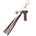 Western leopard print leather letter T keychain with long tri-color tassel for bags - Letter T / Leopard Print