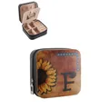 Vintage western style PU leather jewelry box with sunflower and letter F design variant - Sunflower Zipper Style Letter F (41386) / 9.5x9.5x5cm / Black