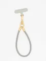 Detailed view of gray PU leather phone lanyard with premium gold metal clasp and patch - Gray