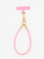 Close-up view of a pink PU leather phone lanyard featuring premium golden hardware clips - Pink