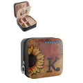 Retro western sunflower PU leather jewelry box with initial letter K and internal mirror - Sunflower Zipper Style Letter K (41391) / 9.5x9.5x5cm / Black