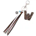 Western style leopard leather letter W keychain with suede tassel and sunflower charm - Letter W / Leopard Print