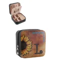 Vintage Western style sunflower PU leather jewelry box featuring letter L monogram - Sunflower Zipper Style Letter L (41392) / 9.5x9.5x5cm / Black