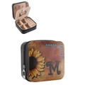 Portable vintage PU leather jewelry box featuring sunflower and embossed letter M motif - Sunflower Zipper Style Letter M (41393) / 9.5x9.5x5cm / Black
