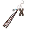 Western cowboy leather keychain featuring a leopard print letter X and multi-color tassel. - Letter X / Leopard Print