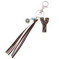 Western cowboy style leopard print leather letter Y keychain with long tricolor tassel - Letter Y / Leopard Print