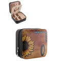 Vintage western style PU leather jewelry box with sunflower and horseshoe print - Square Zipper Style / 9.5x9.5x5cm / Black (Sunflower Letter-0)