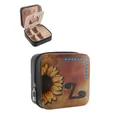 Retro Western style sunflower embossed PU leather jewelry storage box with mirror - Square Zipper Style / 9.5x9.5x5cm / Black (Sunflower Letter-Z)