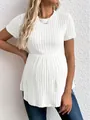 Close-up detail of a white ribbed short-sleeve maternity T-shirt featuring a classic round neck. - S / Tops / White