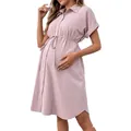 Elegante roze zwangerschapsjurk met korte mouwen, strikceintuur en knoopsluiting aan de voorzijde - XL / Boven- En Onderstuk / Lotusroze