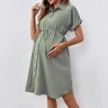 Short sleeve sage green maternity shirt dress with button front and drawstring waist - Light Green