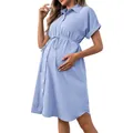 Elegant light blue short-sleeved maternity shirt dress with waist tie and nursing buttons - Light Blue