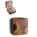 Western style vintage PU leather jewelry organizer with sunflower and initial T design - Square Zipper Style / 9.5x9.5x5cm / Black (Sunflower Letter-T)