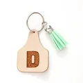 Minimalist farm style ear tag leather keychain with letter D and mint green tassel - Letter D Style (20434)