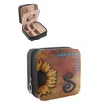 Retro western style PU jewelry box featuring sunflower and 'S' initial print details - Square Zipper Style / 9.5x9.5x5cm / Black (Sunflower Letter-S)