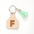 Minimalist farm style faux leather tag keychain with letter F and mint green tassel - Letter F Style (20436)