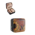 Portable retro western style PU leather jewelry box with sunflower print and letter N - Square Zipper Style / 9.5x9.5x5cm / Black (Sunflower Letter-N)