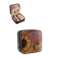 Retro Western PU leather jewelry box with sunflower and letter C print, travel size - Square Zipper Style / 9.5x9.5x5cm / Black (Sunflower Letter-C)