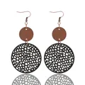 Handmade vintage hollowed wood and black leather circular mesh drop earrings for women - Hollow Geometric Round Style / Black (11462)
