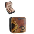 Vintage western style PU leather jewelry box featuring sunflower print and initial P design - Square Zipper Style / 9.5x9.5x5cm / Black (Sunflower Letter-P)