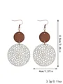 Hollow round wooden and silver leather drop earrings, 8.8cm long, lightweight bohemian style - Hollow Geometric Round Style / Gray (11464)