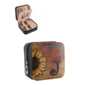Compact vintage PU leather jewelry travel case with sunflower and letter J print - Square Zipper Style / 9.5x9.5x5cm / Black (Sunflower Letter-J)