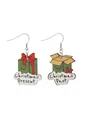 Hand-painted Christmas wooden earrings featuring festive gift box designs in green - Christmas Gift Box Illustration (12260)